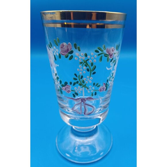 2 Antique Moser Enameled Pedestal Glasses Gold Rim Purple Floral Swags Design - Picture 13 of 16